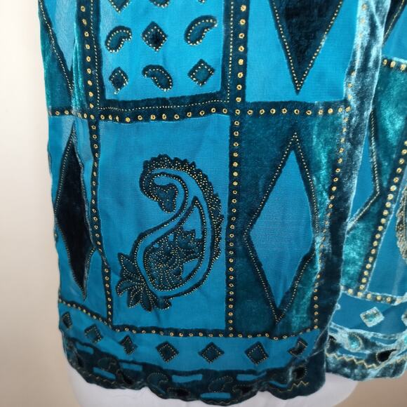 Teal Crushed Velvet Scarf Paisley Floral Geometric Sheer 58" x 9.5" - Picture 5 of 13
